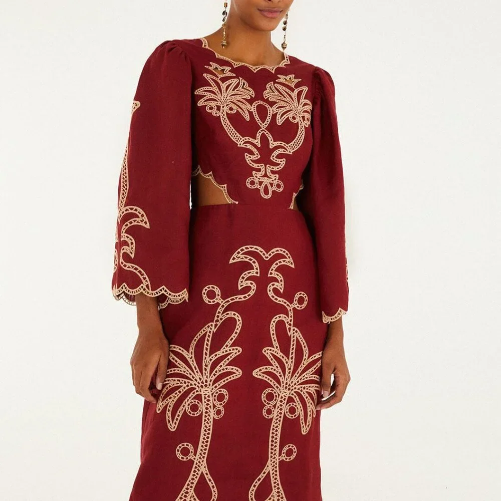 FARM Rio Red Artisanal Cut-out Embroidered Euroflax™ Premium Linen Maxi Dress - Picture 4 of 7